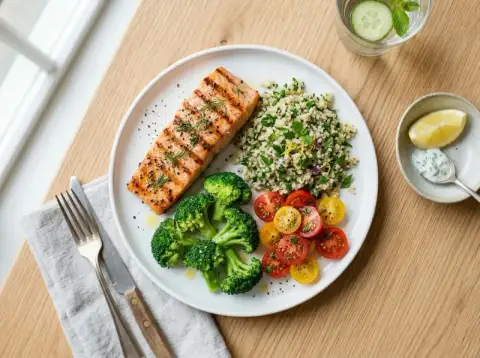Teller mit Lachs, Quinoa, Brokkoli und Tomaten, von LifeSugar analysiert, um Kohlenhydrate und KE zu zählen