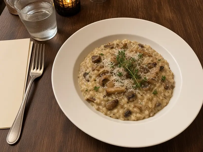Pilzrisotto in einem Restaurant, ohne Nährwertangaben